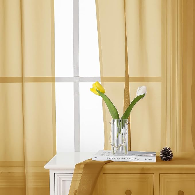 Gold Sheer Curtains 72 Inch Length 2 Panels, Light Filtering Voile Window Drapes - Image 7