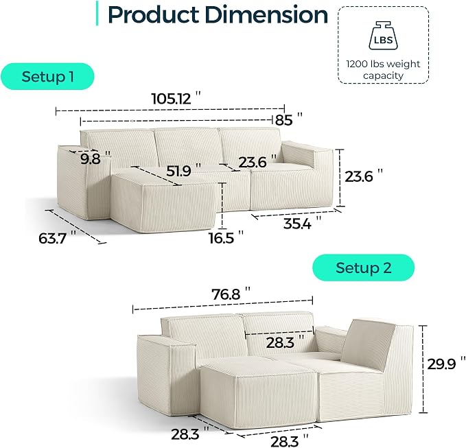 LINSY HOME Modular Sectional Sofa, Corduroy Sectional Cloud Couches - Image 2