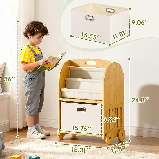 2-Sided, 3-Tier Bamboo Kids Bookshelf, Montessori Shelf - Image 2