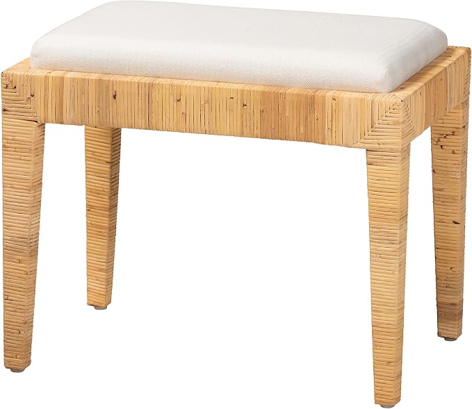 Modern Bohemian Natural Brown Rattan and Mahogany Wood Ottoman Cream Eclectic - Image 2