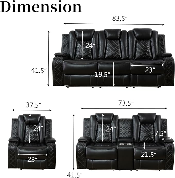 Power Recliner Sofa Set with LED, Air Leather Reclining Sofa Set, 3 Piece - Image 2
