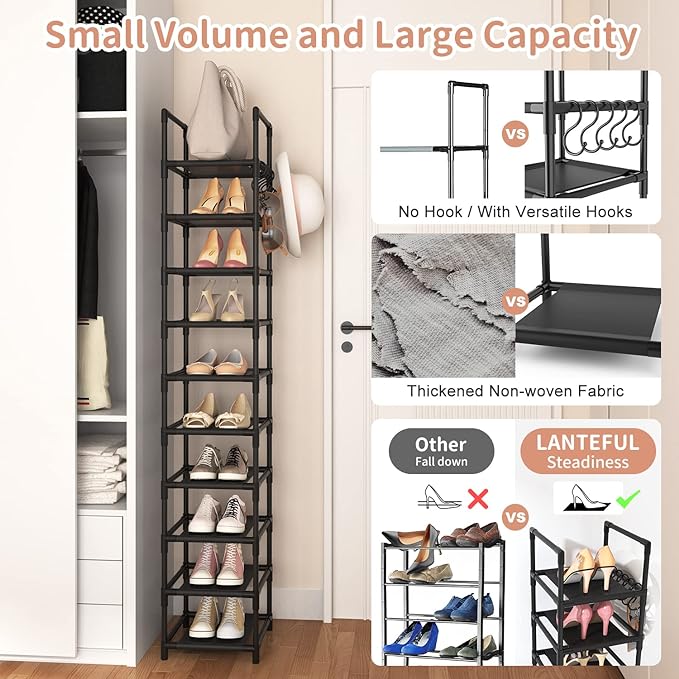 LANTEFUL Tall Narrow Shoe Rack for Entryway, 10-Tier Sturdy Metal Shoe Shelf - Image 6
