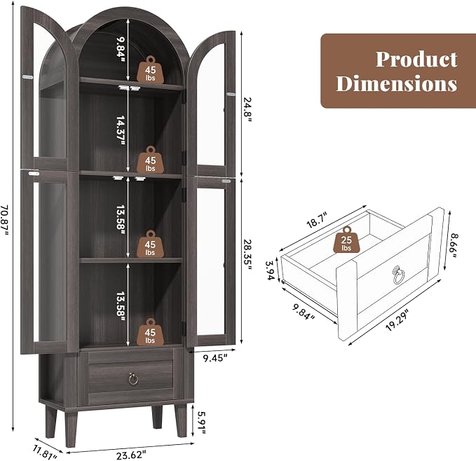 71" Tall Arched Cabinet with Acrylic Door, Modern Curio Arched Bookcase W/Drawer - Image 2