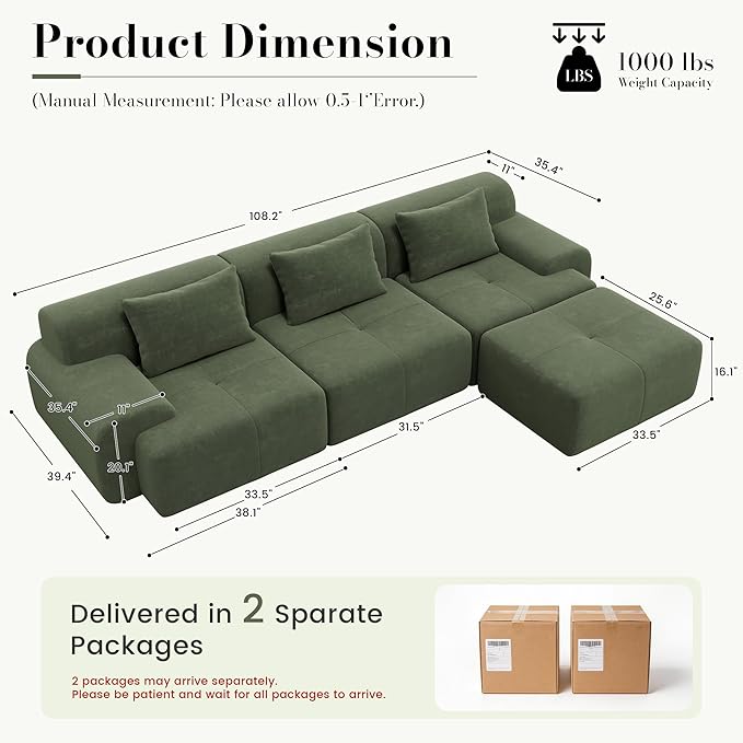 GRUSIGN 108'' Modular Sectional Boneless Sofa, Tufted Sectional Couches - Image 2