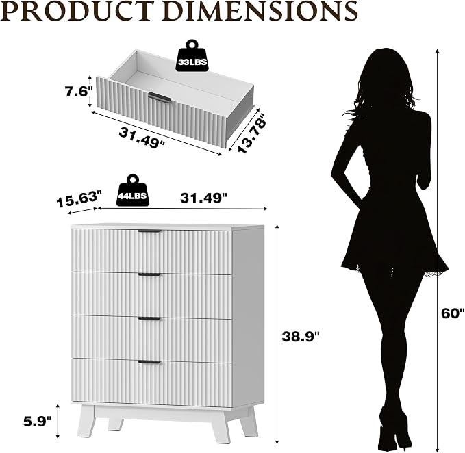 BORNOON 39" Tall Dresser for Bedroom, 4-Drawer Fluted Chest of Drawers - Image 2