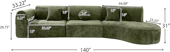 Merax 3-Piece 140" Sectional Modular Sofa Set, 4 Seat Curved Modern Cloud Couch - Image 2