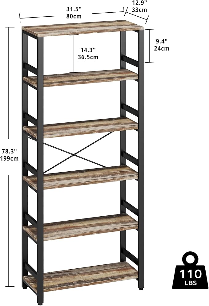 IRONCK Bookshelf, 31.5in Wide Shelf 6 Tier Bookcase, 110lbs/shelf Vintage - Image 2