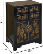 Vintage Oriental Distressed People Golden Graphic Black Side Table Cabinet - Image 2