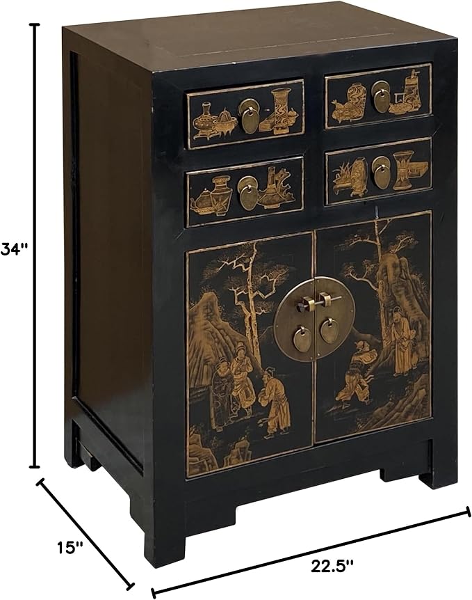 Vintage Oriental Distressed People Golden Graphic Black Side Table Cabinet - Image 2