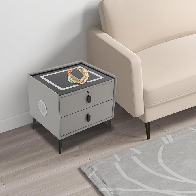 Smart Nightstand w/Fingerprint Lock Drawers, Smart Bedside Table w/USB Charging - Image 2