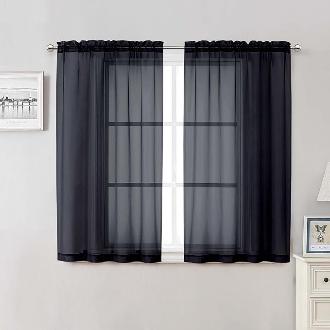 Black Sheer Curtains 50 Inch Length 2 Pcs, Light Filtering Bedroom Curtains by Lecloud