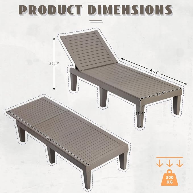 Outdoor Chaise Lounge Chairs Set of 4, 5-Position Adjustable Heavy Duty Tanning - Image 6