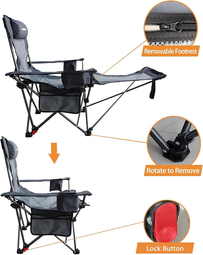 Reclining Camping Chair with Removable Footrest Lounge Chair with Headrest - Image 6