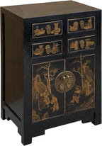 Vintage Oriental Distressed People Golden Graphic Black Side Table Cabinet - Image 3