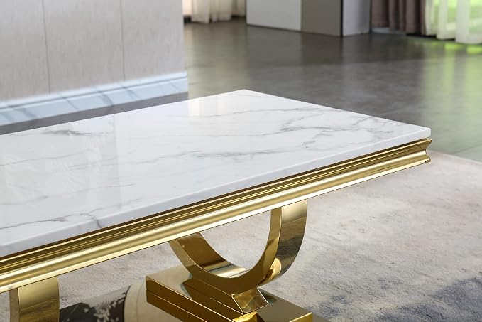 Henf 47" Marble Coffee Table Modern White Faux Marble Center Table - Image 7