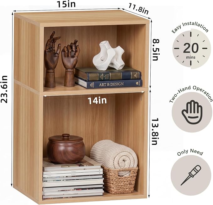 YAHARBO 2 Cube Bookshelf, Natural Record Player Stand - Image 3
