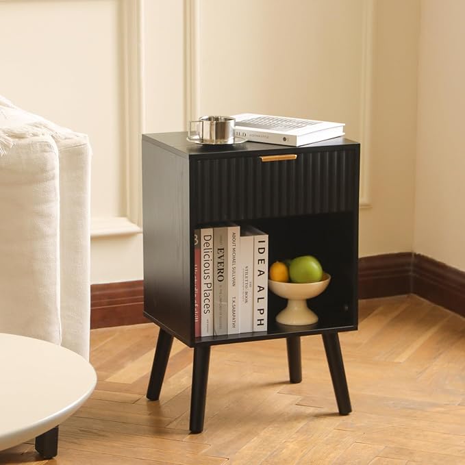 Fultyle Black Fluted Nightstand, Modern Bedside Table - Image 2