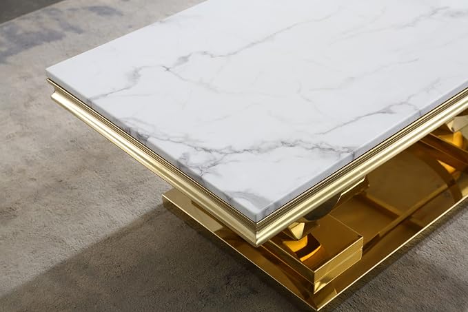 Henf 47" Marble Coffee Table Modern White Faux Marble Center Table - Image 6