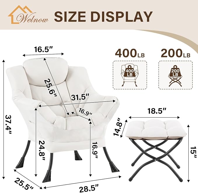 Welnow Lazy Chair with Ottoman, Modern Reading Accent Chair with Armrests and a - Image 3