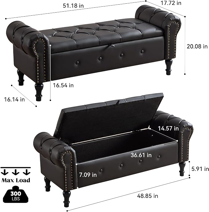 Storage Bench for Bedroom, Faux Leather 51" End of Bed Bench, Queen Size Bench - Image 2