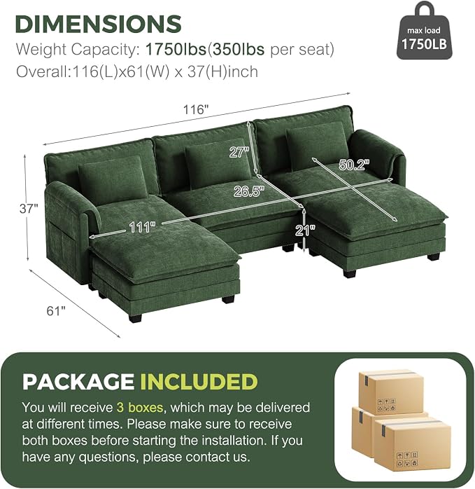 ELUCHANG 116" U Shaped Modular Sectional Cloud Couch - Image 2