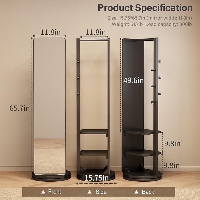 WoodsWhisper Full Length Mirror Coat Rack Solid Wood Floor Mirror 66"x12" Full - Image 9