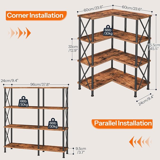 HOOBRO Corner Bookshelf, 4-Tier L-Shaped Bookcase, Industrial Open Display - Image 2