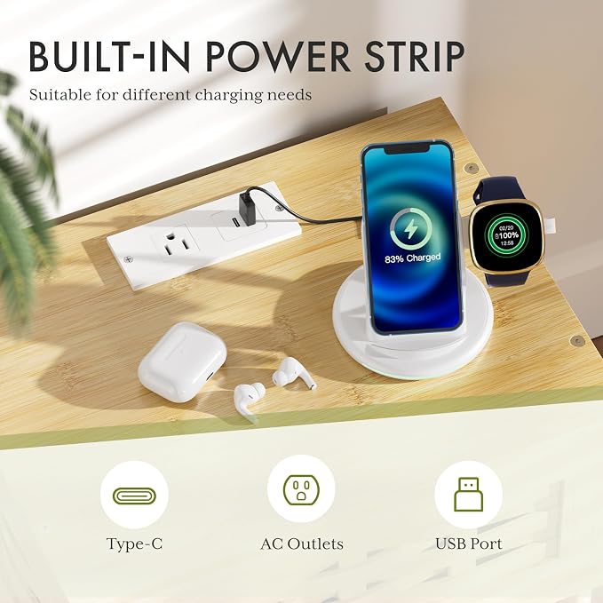 Amazer Nightstand with Charging Station, Bedside Table Bamboo with USB Ports & - Image 4