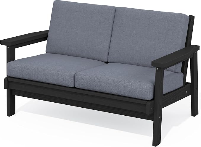 SERWALL HDPE Outdoor Patio Loveseat, All Weather Wood-Like Outdoor Sofa HDPE by SERWALL