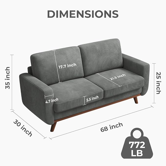 Vesgantti 68" Loveseat Sofa Dark Gray, Comfy Corduroy Couch - Image 2