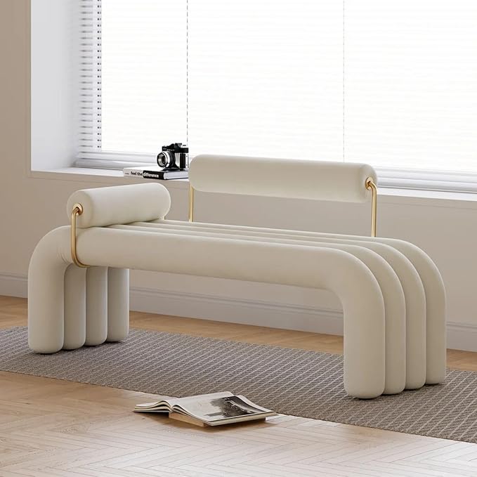 LOVEDIMA Modern White Line Tufted Bench Upholstered Entryway Bench Velvet - Image 8