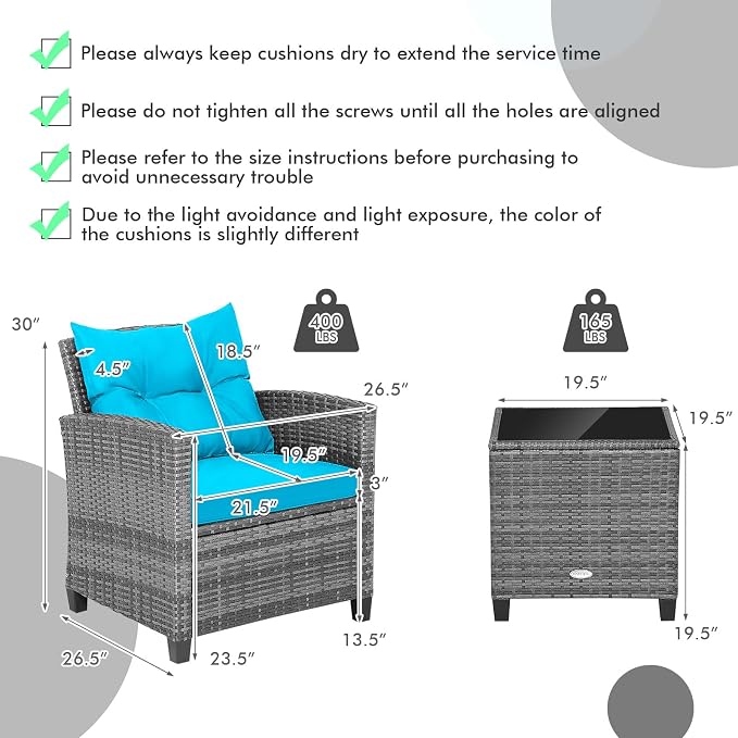 HAPPYGRILL 3 Pieces Patio Conversation Set, Outdoor Furniture Set PE Rattan - Image 7