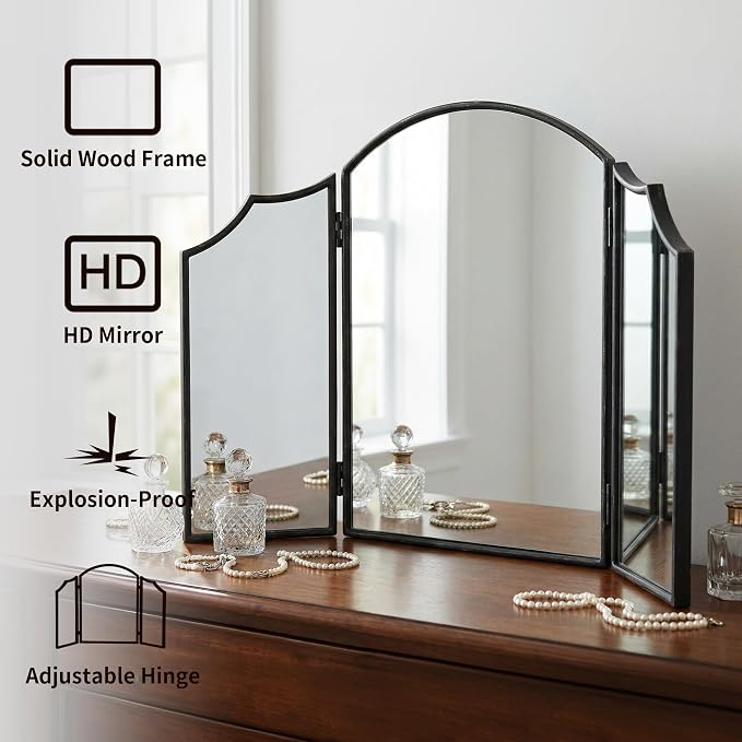 Besdomus Black Scalloped Dresser Mirror: 36"x24" Large Modern 3 Way Trifold - Image 3
