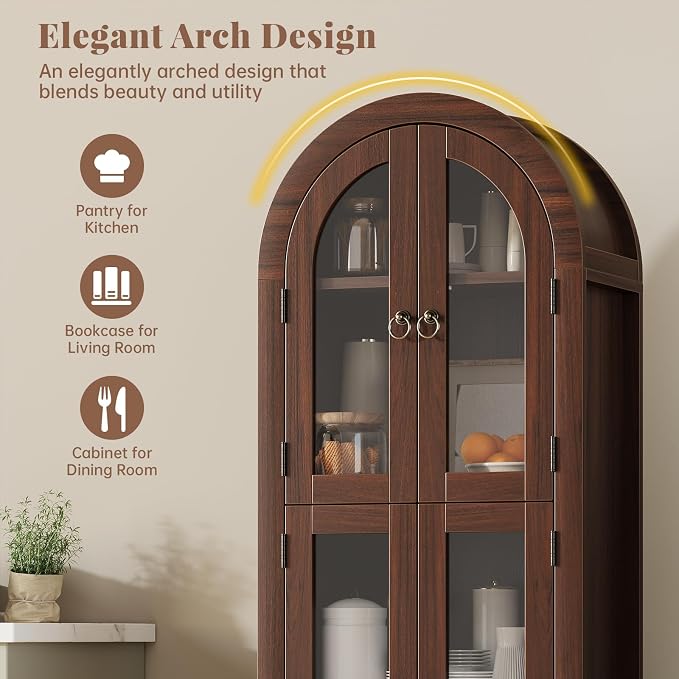 71" Tall Arched Cabinet with Acrylic Door, Modern Curio Arched Bookcase with - Image 3