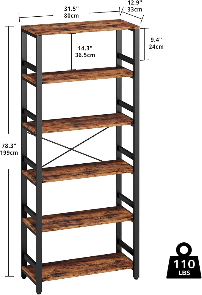 IRONCK Bookshelf, 31.5in Wide Shelf 6 Tier Bookcase, 110lbs/shelf Vintage - Image 3