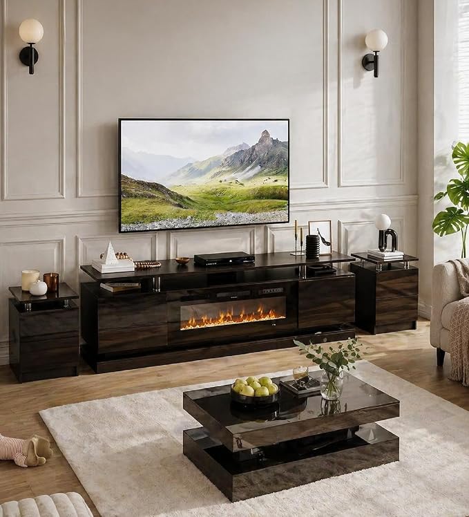 4-Piece Modern Living Room Table Set, Includes High Gloss 70" Fireplace TV Stand by Nordivale