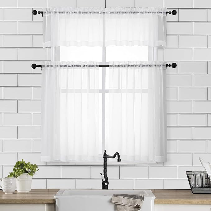 Chyhomenyc White Sheer Curtains 30 inch Length 2 Panels | Light Filtering - Image 2