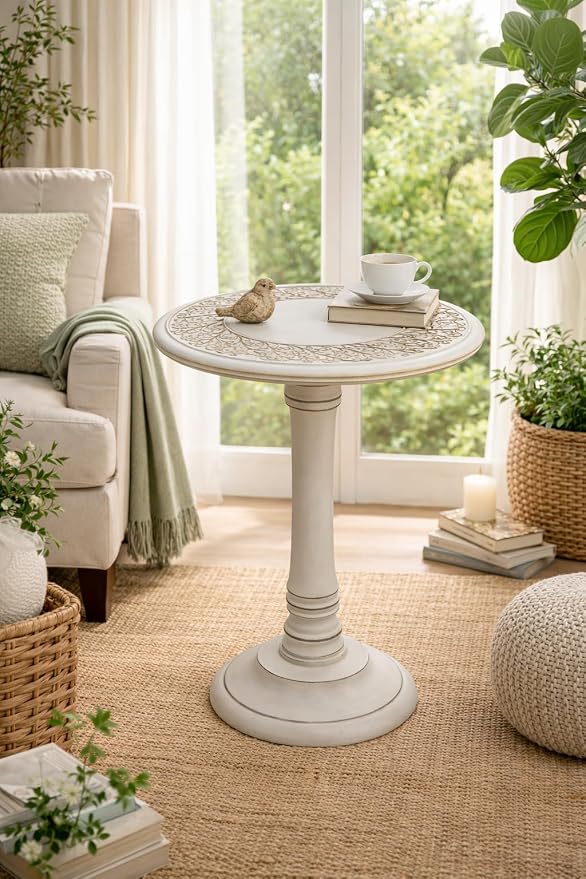 Antique White Round Coffee Table – 18x22 Wood Accent Side Table - Image 5