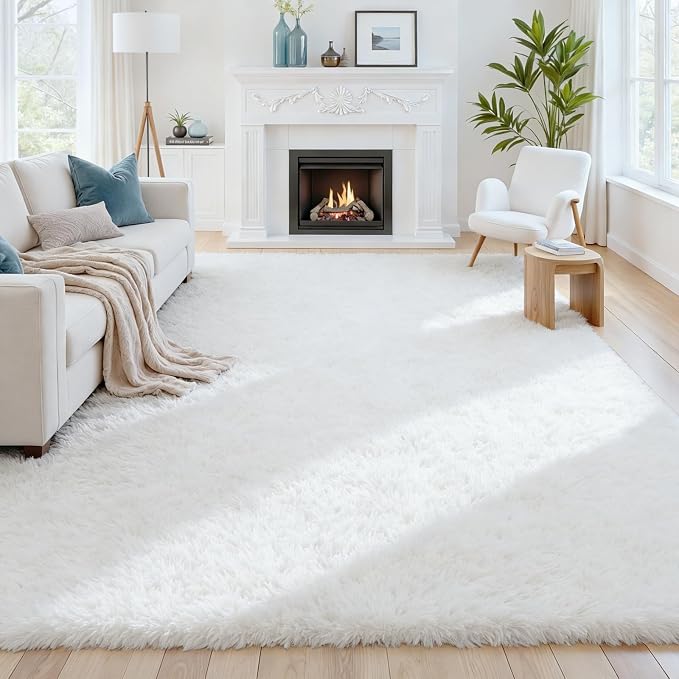 8x10 Fluffy Shag Area Rugs for Living Room Bedroom: Soft Plush Carpet White | - Image 3