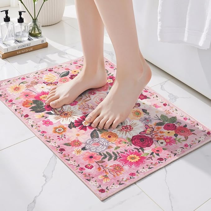 Pink Floral Entry Door Mat 24x17 inch by WelcometoBabovid
