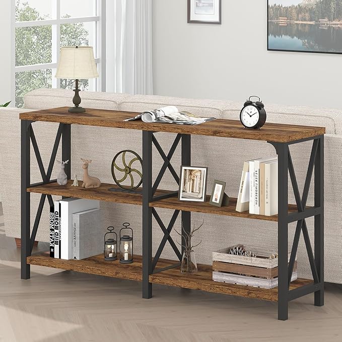 LVB Wood Console Table, Rustic 3 Tier Sofa Table Behind Couch, Industrial Metal by LVB