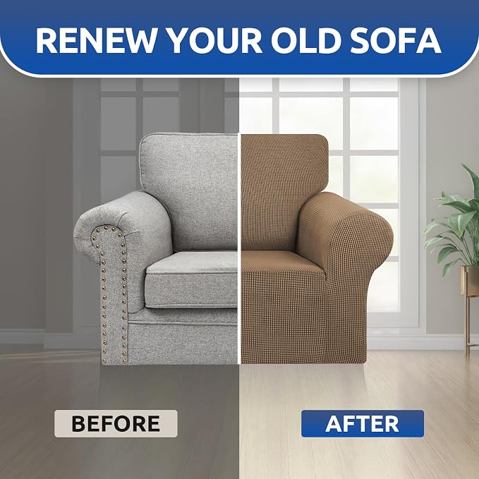 Stretch Chair Sofa Slipcover, Single Couch Cover, Camel | 1-Piece Washable Sofa - Image 5