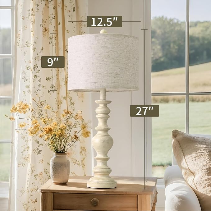 BOBOMOMO 27" Antique White Table Lamps Set of 2, Large Vintage Resin Lamps - Image 4