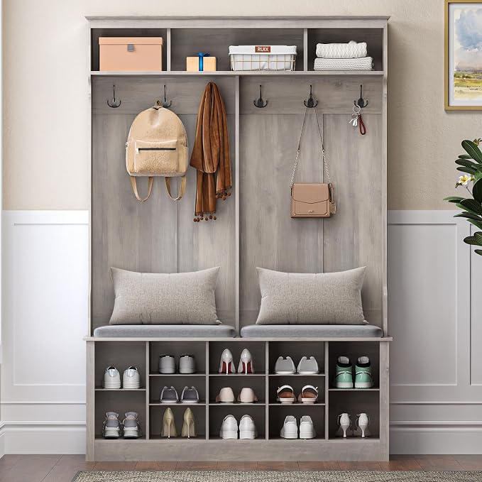Wodeer Hall Tree with Bench and Shoe Storage, 6 Hooks, 12 Shoe Cubbies - Image 6