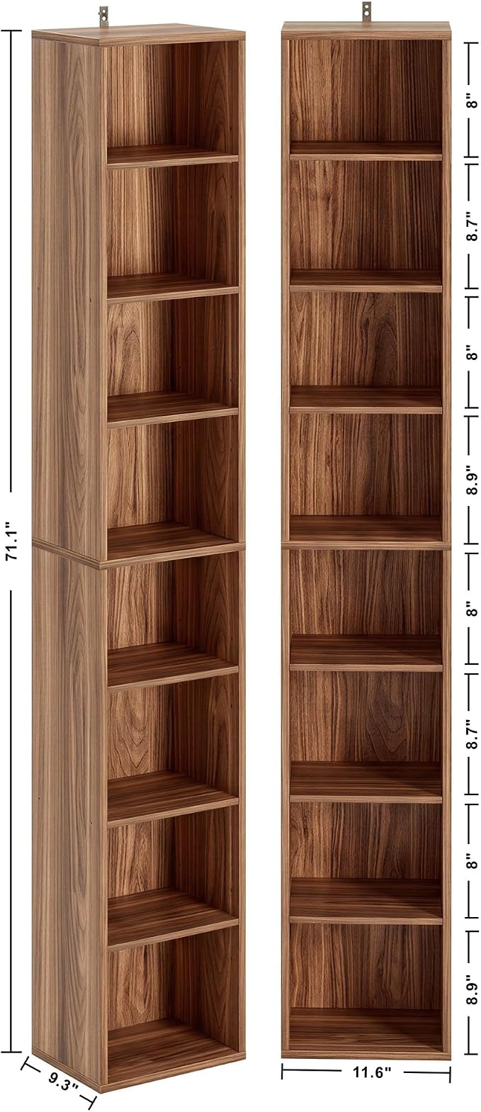 IRONCK Tall Narrow Bookshelf 8 Tiers 71in Set of 2, Compact Corner Bookcase - Image 3