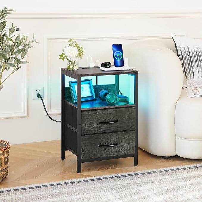 Yoobure Nightstand with Charging Station, LED Night Stand with Fabric Drawers - Image 8