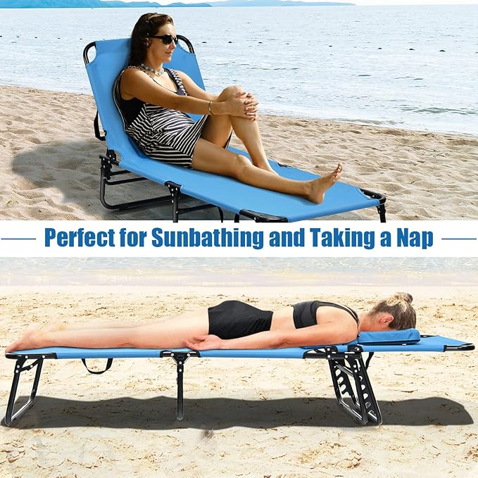 Folding Beach Lounge Chair w/ 5 Adjutable Backrest & Padded Pillow, Sunbathing - Image 4