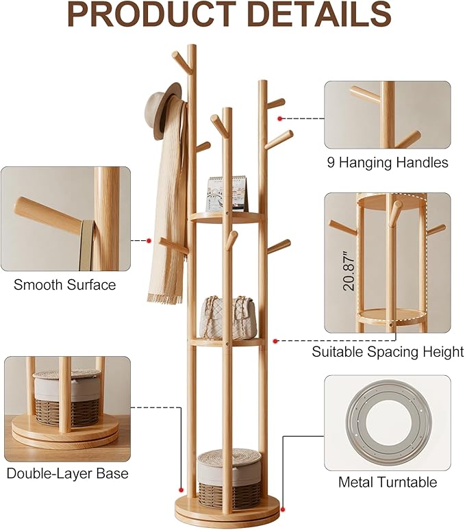 Muwuele Solid Wood Rotary Coat Rack, Freestanding Coat Rack - Image 5