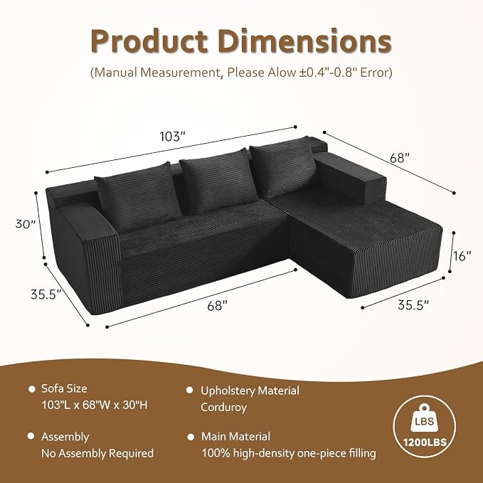 ANONER 103" Modern L Shaped Modular Sectional, L-Shape Cloud Sectional Sofa - Image 8
