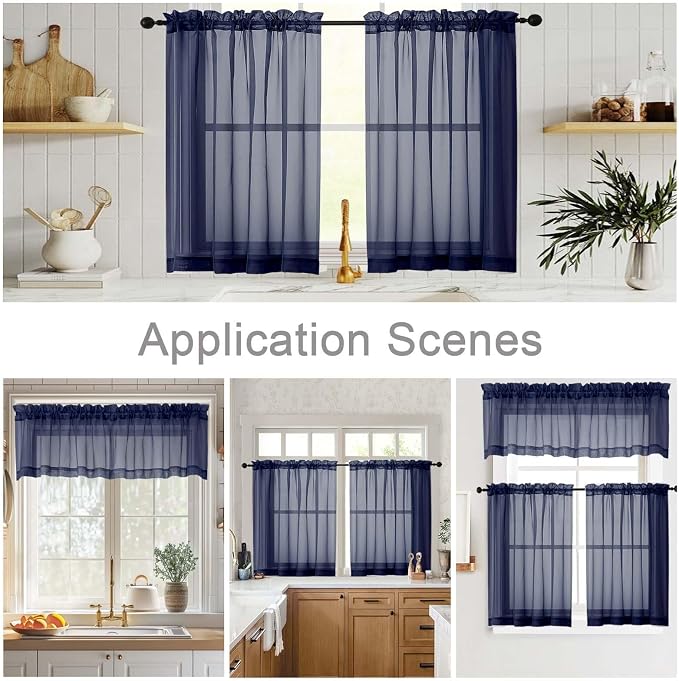 Navy Blue Kitchen Curtains 30 Inch Length Tier 2 PCS, Solid Soft Airy Half - Image 6